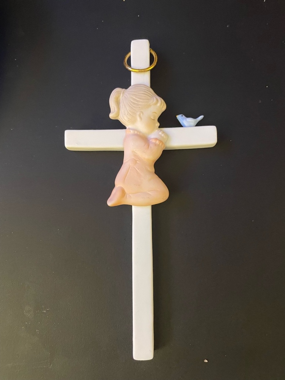 Porcelain Prayer Cross with Kneeling Girl and Blue Bird - White & Pink